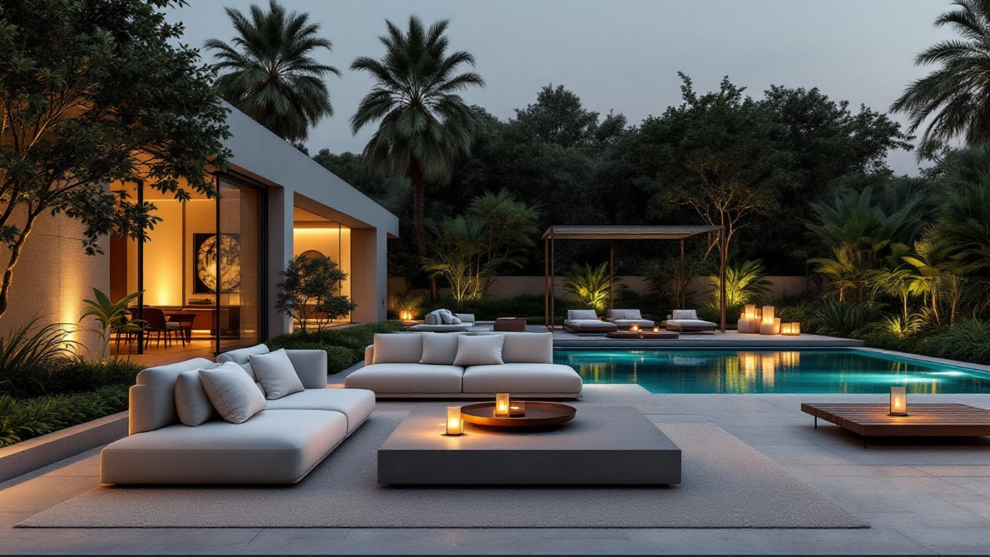 Luxury outdoor living terrace in Lagos with poolside seating, shaded lounge furniture and warm evening lighting.