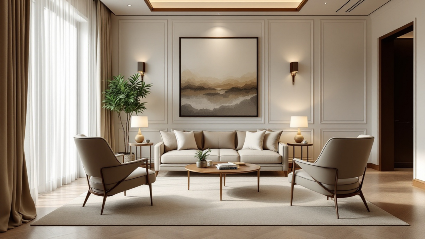 Luxury armchairs arranged in a Lagos living room with sofa, rug, side table and warm lighting.
