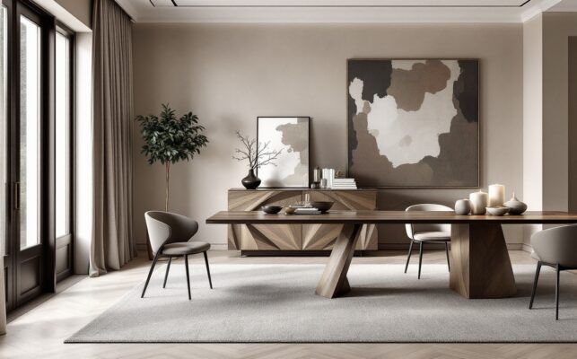 Luxury sideboard in a refined Lagos dining room with dining table, rug, artwork and warm lighting.