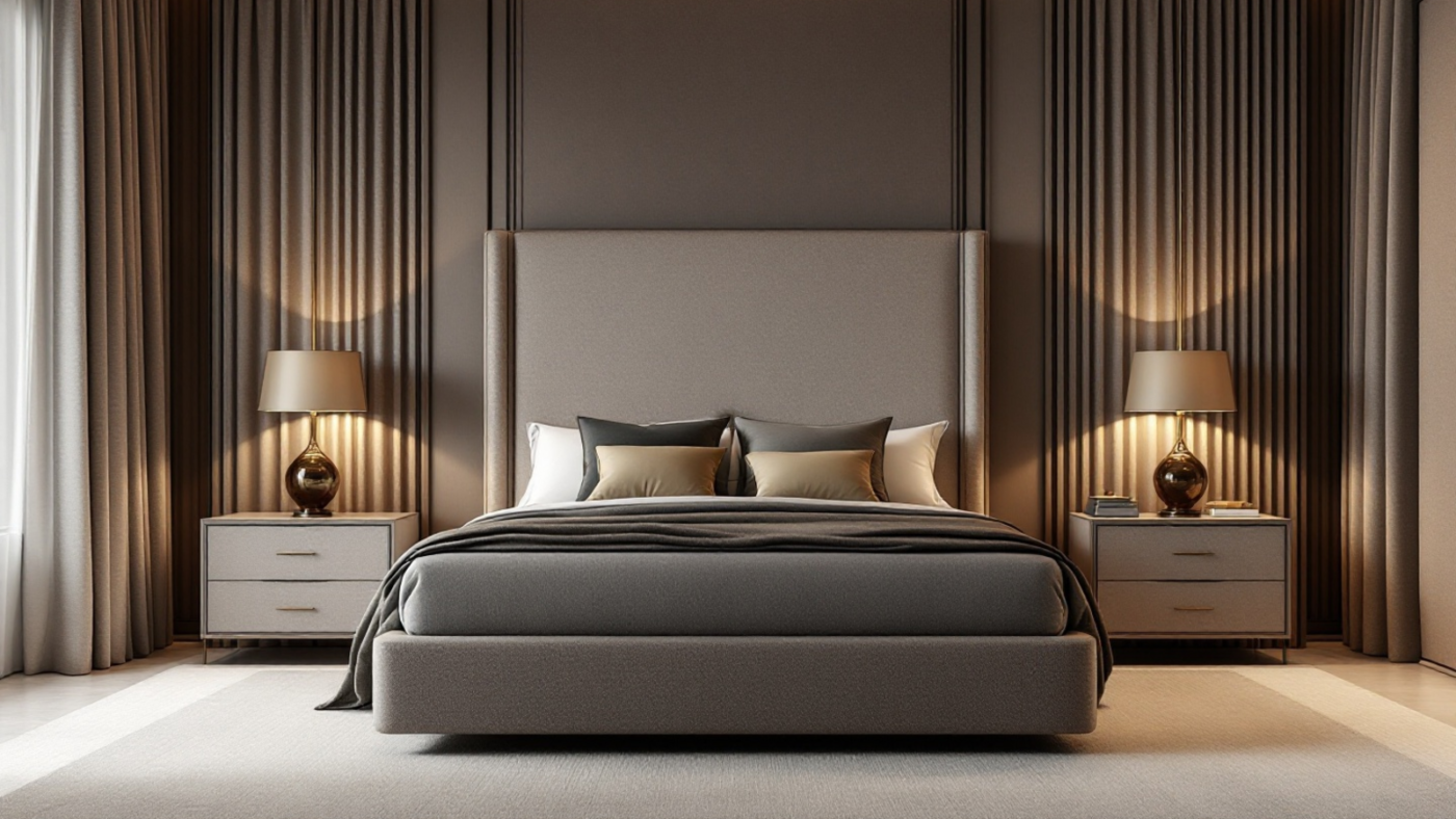Luxury upholstered bed with bedside tables and soft lighting in a Lagos or Abuja bedroom.