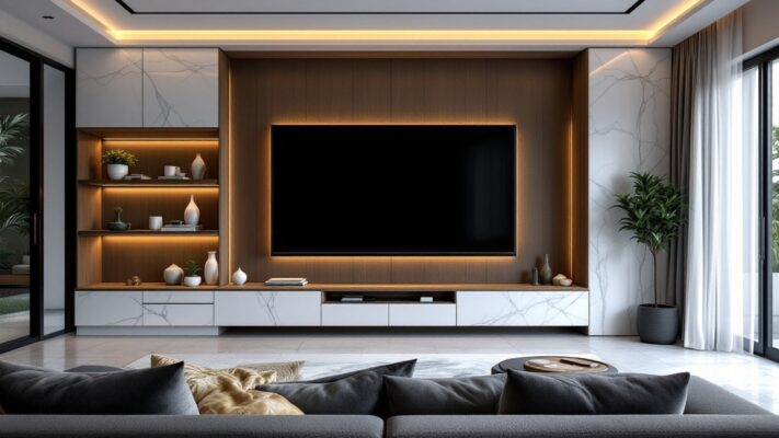 Luxury TV wall unit in a Lagos living room with concealed lighting, storage, sofa and rug.