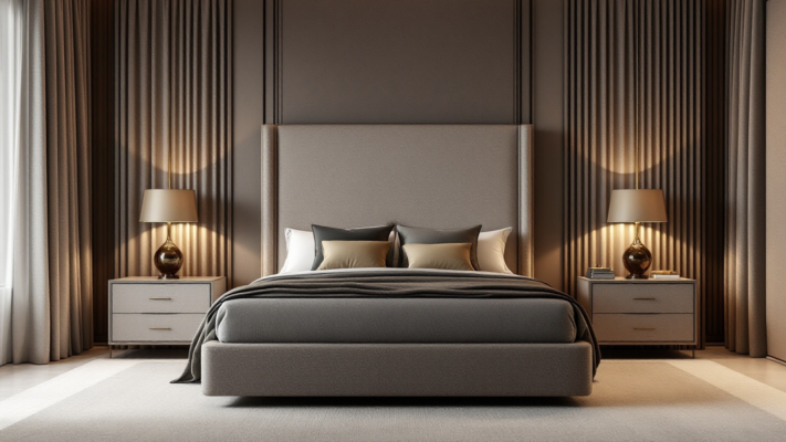Luxury upholstered bed with bedside tables and soft lighting in a Lagos or Abuja bedroom.