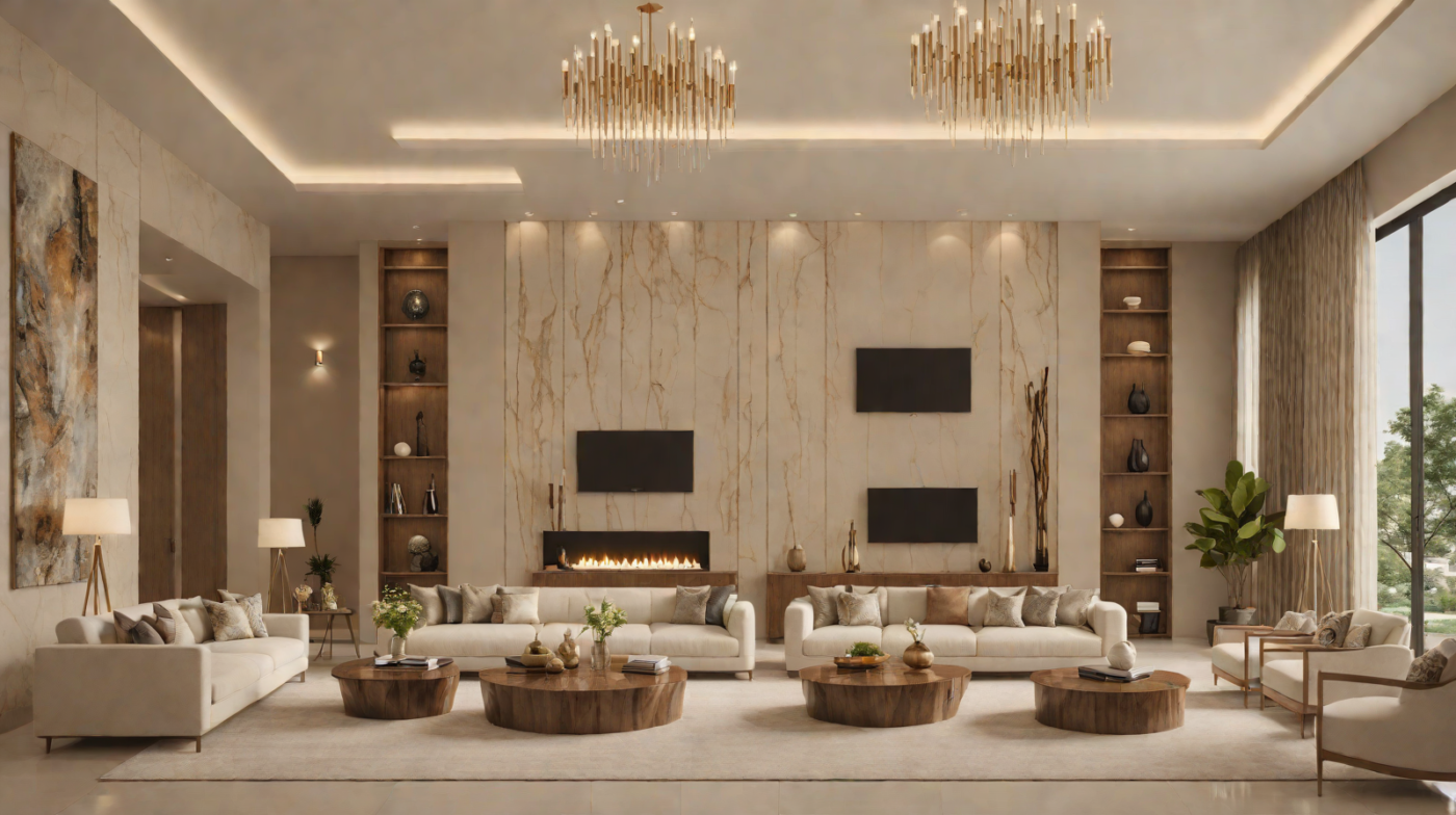 Layered luxury rug anchoring a refined Lagos living room with seating, texture and warm lighting.