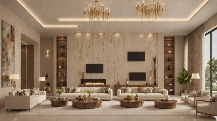Layered luxury rug anchoring a refined Lagos living room with seating, texture and warm lighting.
