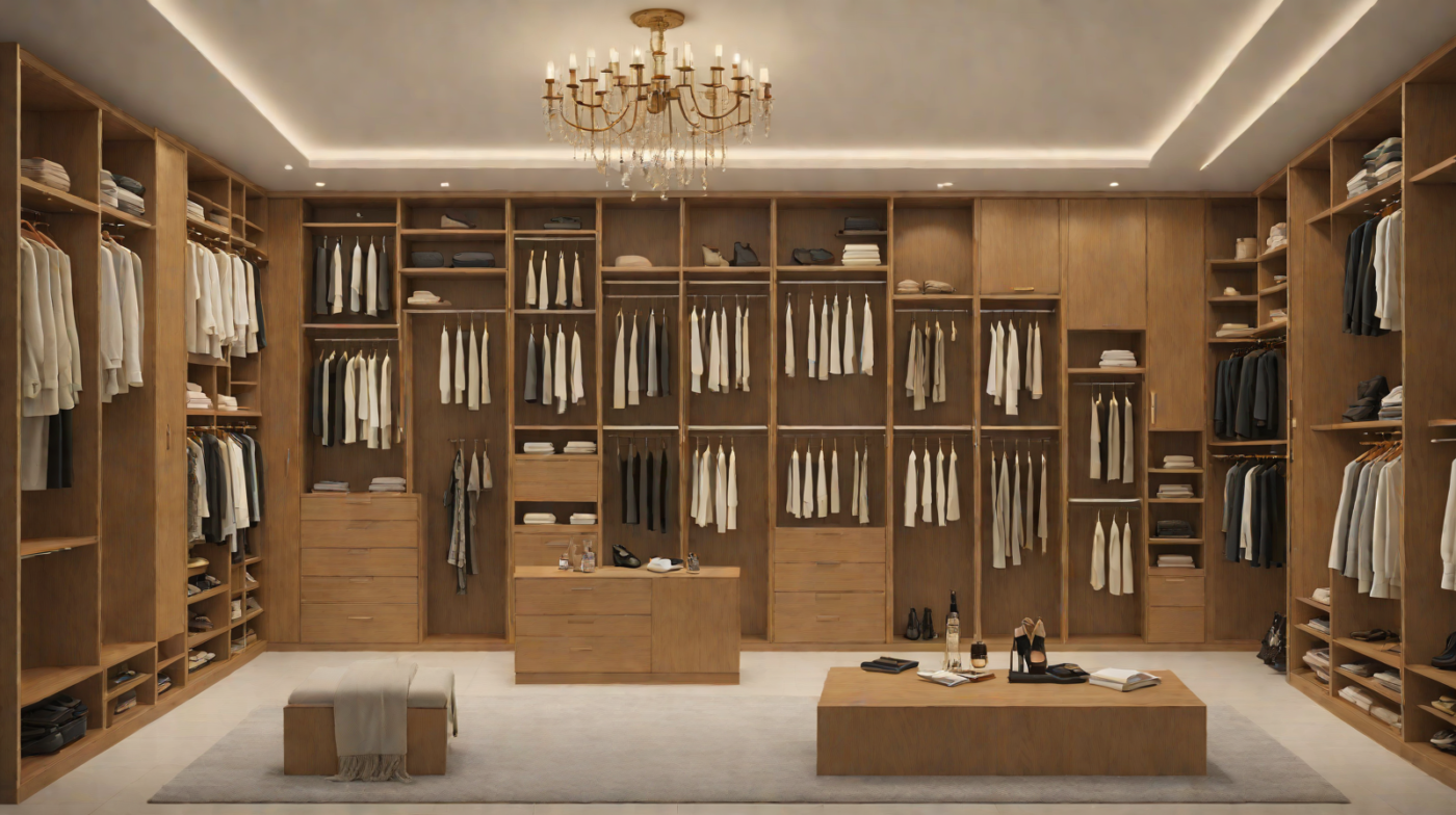 Luxury walk in wardrobe in a Lagos home with integrated lighting and organised dressing storage.