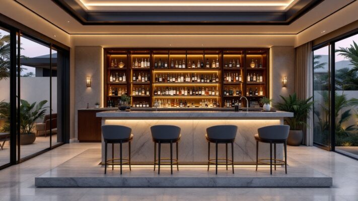 Luxury home bar in Lagos with elegant cabinet, bar stools, warm lighting and calm interior finishes.