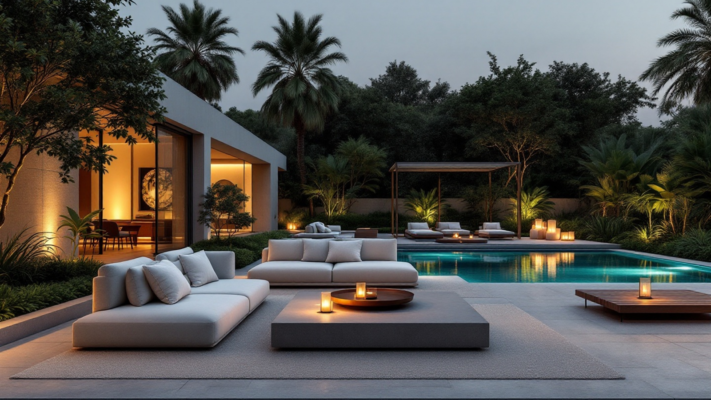 Luxury outdoor living terrace in Lagos with poolside seating, shaded lounge furniture and warm evening lighting.