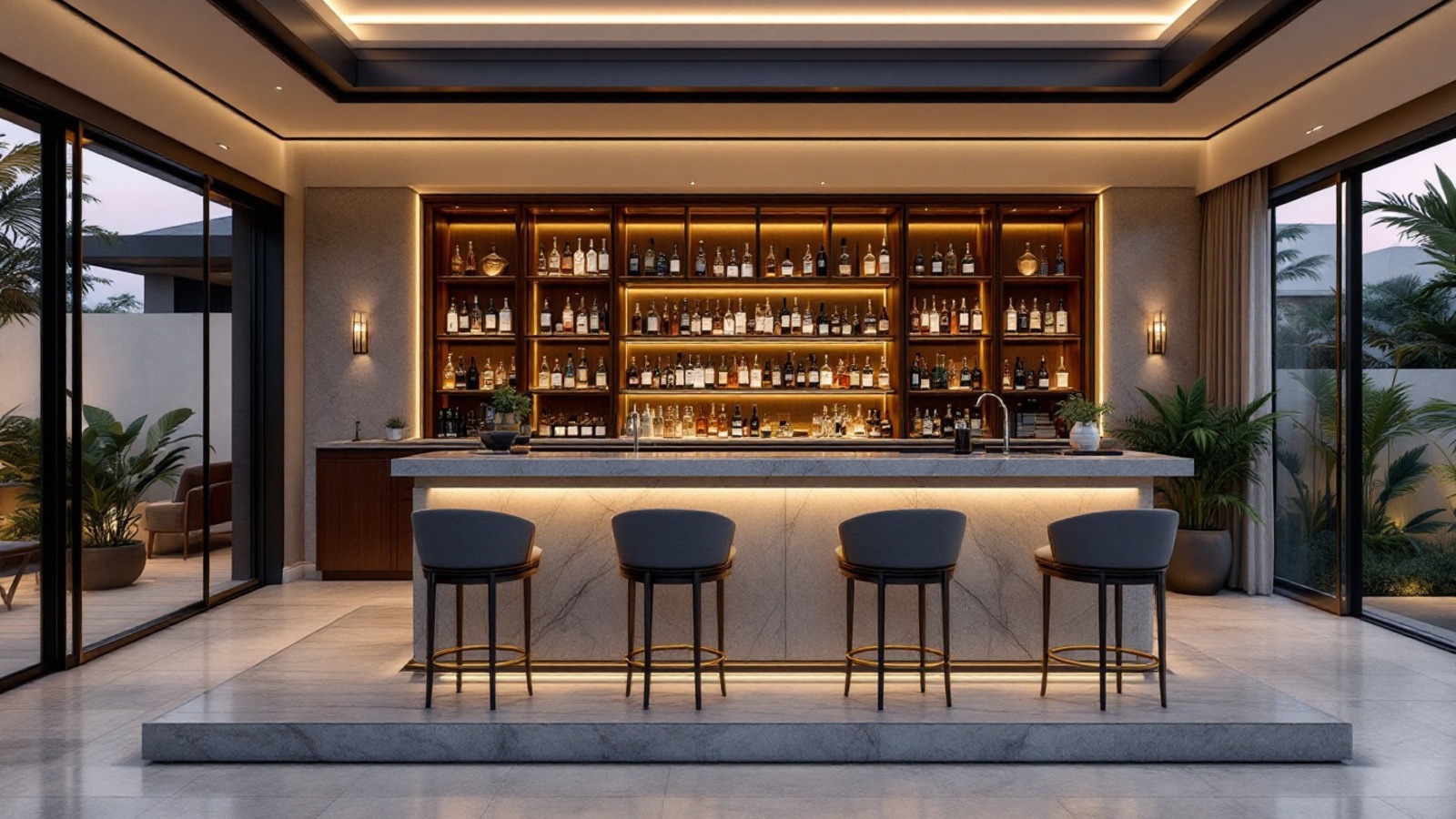 Luxury home bar in Lagos with elegant cabinet, bar stools, warm lighting and calm interior finishes.