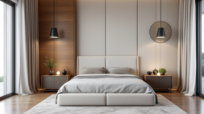 Luxury master bedroom in Lagos with upholstered headboard, wood panels, bedside lighting and lined curtains.