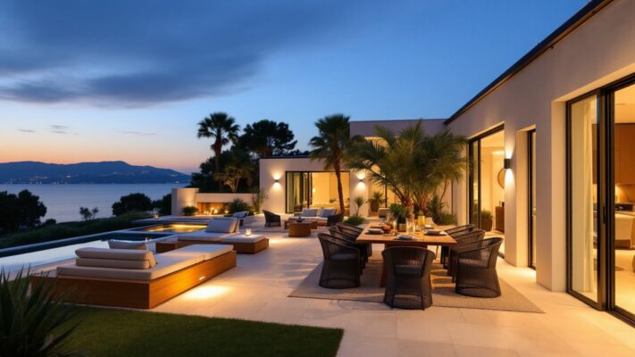 Luxury outdoor furniture on a Lagos terrace with elegant seating, dining table, warm lighting and calm garden setting.