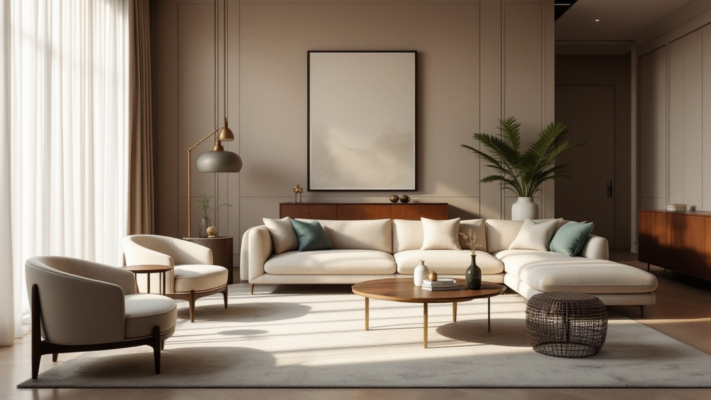 Luxury sofa in a Lagos living room with rug, coffee table and layered lighting.