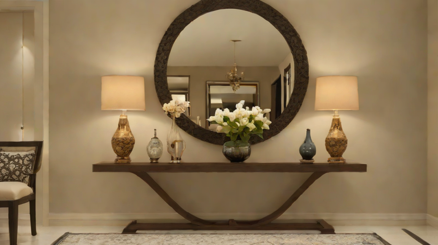 Luxury console table in a Lagos entrance hallway with mirror, lamp, rug and warm contemporary styling.