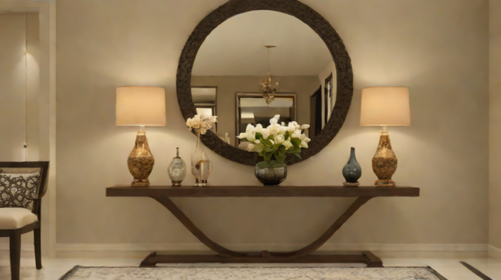 Luxury console table in a Lagos entrance hallway with mirror, lamp, rug and warm contemporary styling.