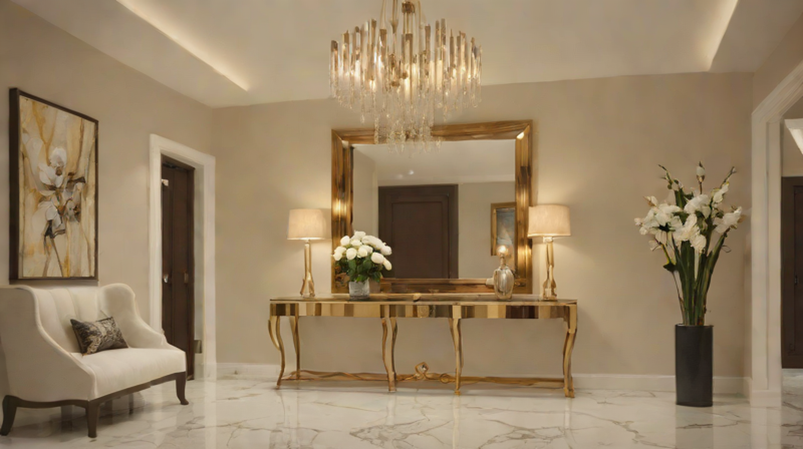 Luxury mirror above a console table in a refined Lagos home interior with warm lighting and balanced furniture scale.