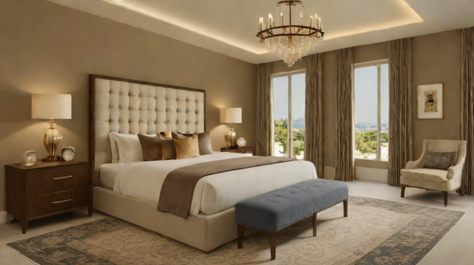 Luxury bedside table beside an upholstered bed in a refined Lagos bedroom with warm lighting and walnut storage.