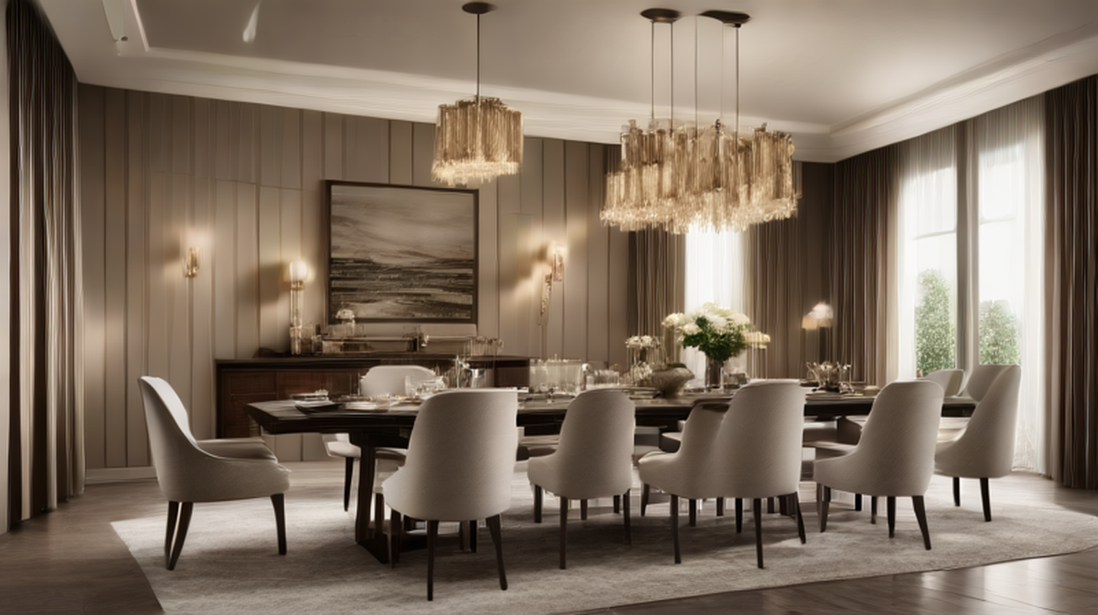 Luxury dining table in a Lagos home with upholstered chairs, pendant lighting, rug and sideboard storage.