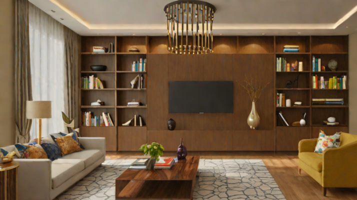 Luxury bookcase and display shelving wall in a refined Lagos living room with books, warm lighting and sculptural objects.