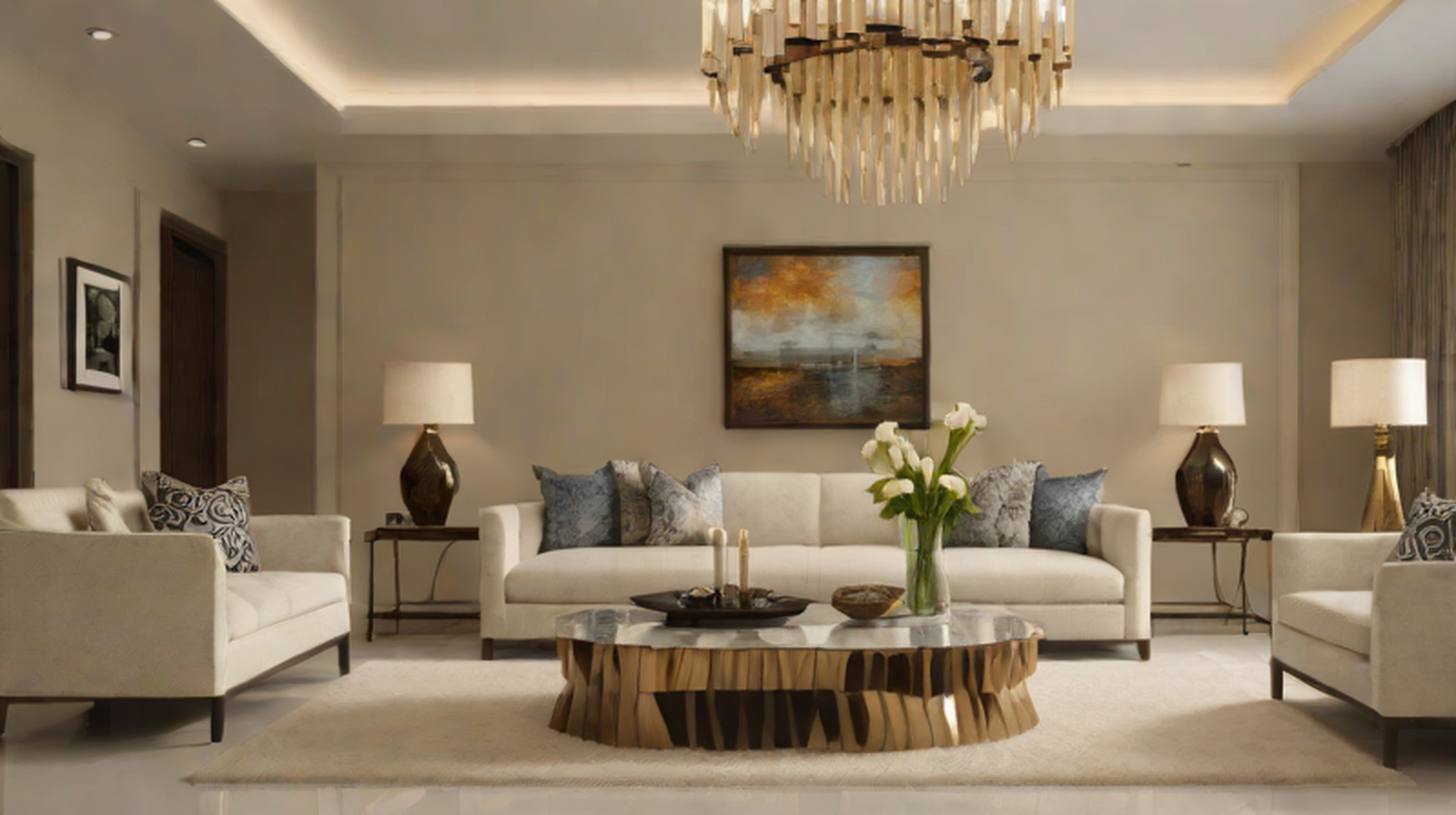 Luxury coffee table in a Lagos living room with sofa, textured rug, tray styling and warm contemporary furniture.