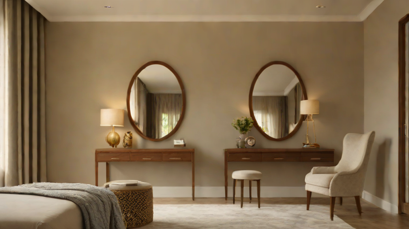 Luxury dressing table in a Lagos bedroom with framed mirror, warm lighting, walnut storage and upholstered stool.