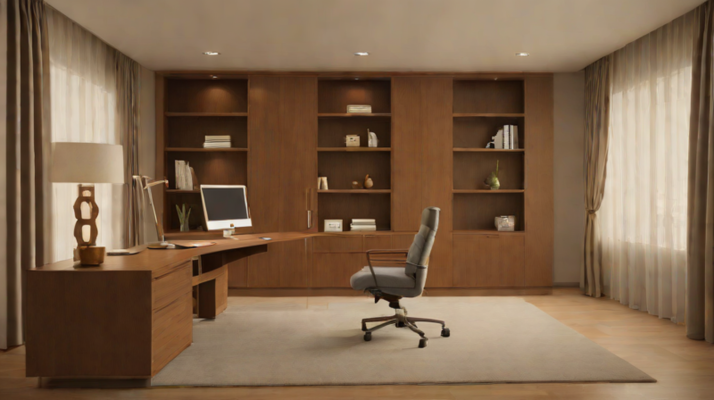 Luxury home office in a Lagos residence with walnut desk, upholstered chair, shelves, warm lighting and curtains.