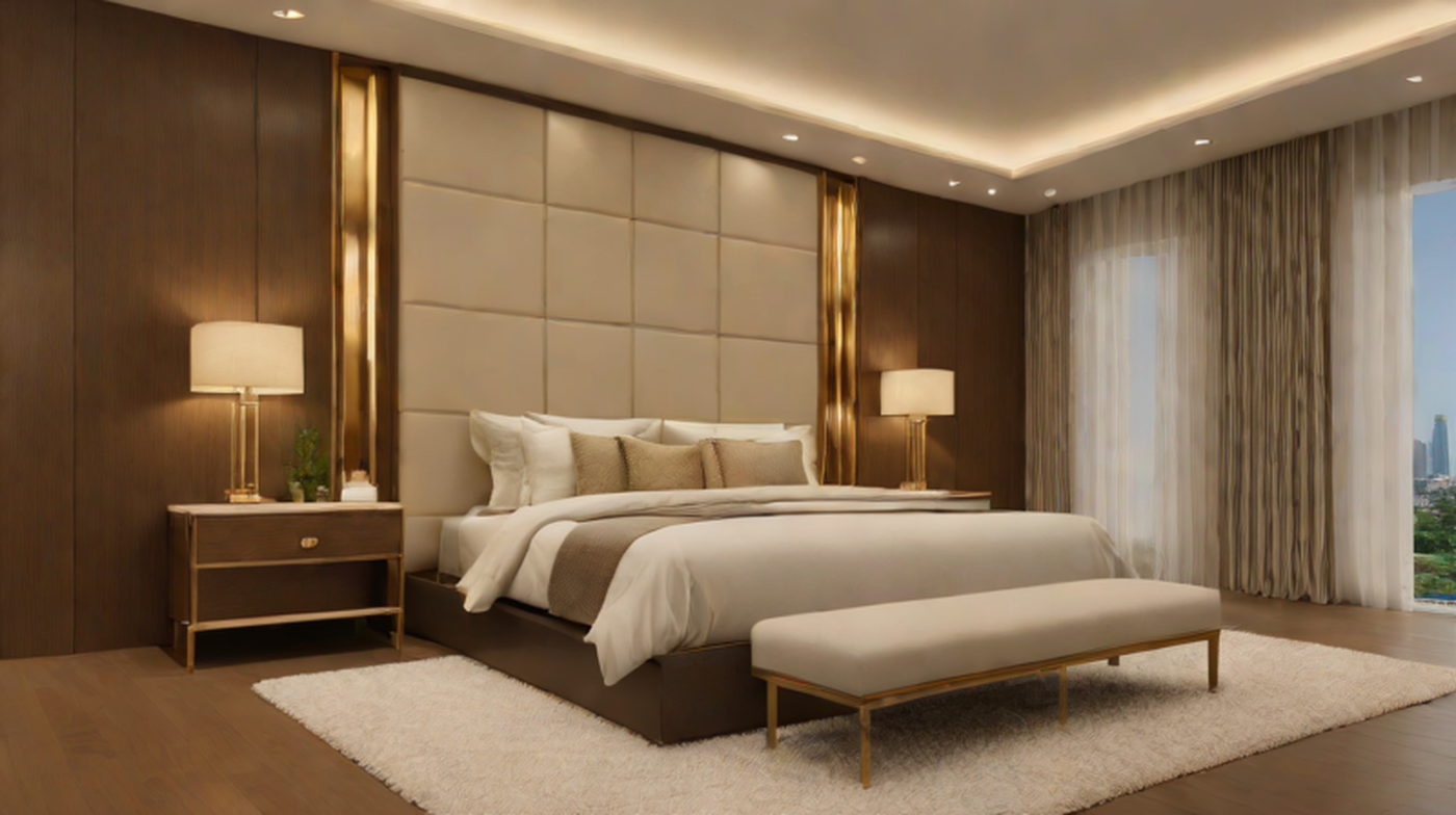 Luxury upholstered bench at the foot of a bed in a refined Lagos bedroom suite with warm lighting and calm furniture scale.