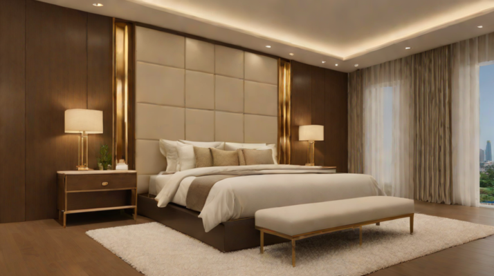 Luxury upholstered bench at the foot of a bed in a refined Lagos bedroom suite with warm lighting and calm furniture scale.
