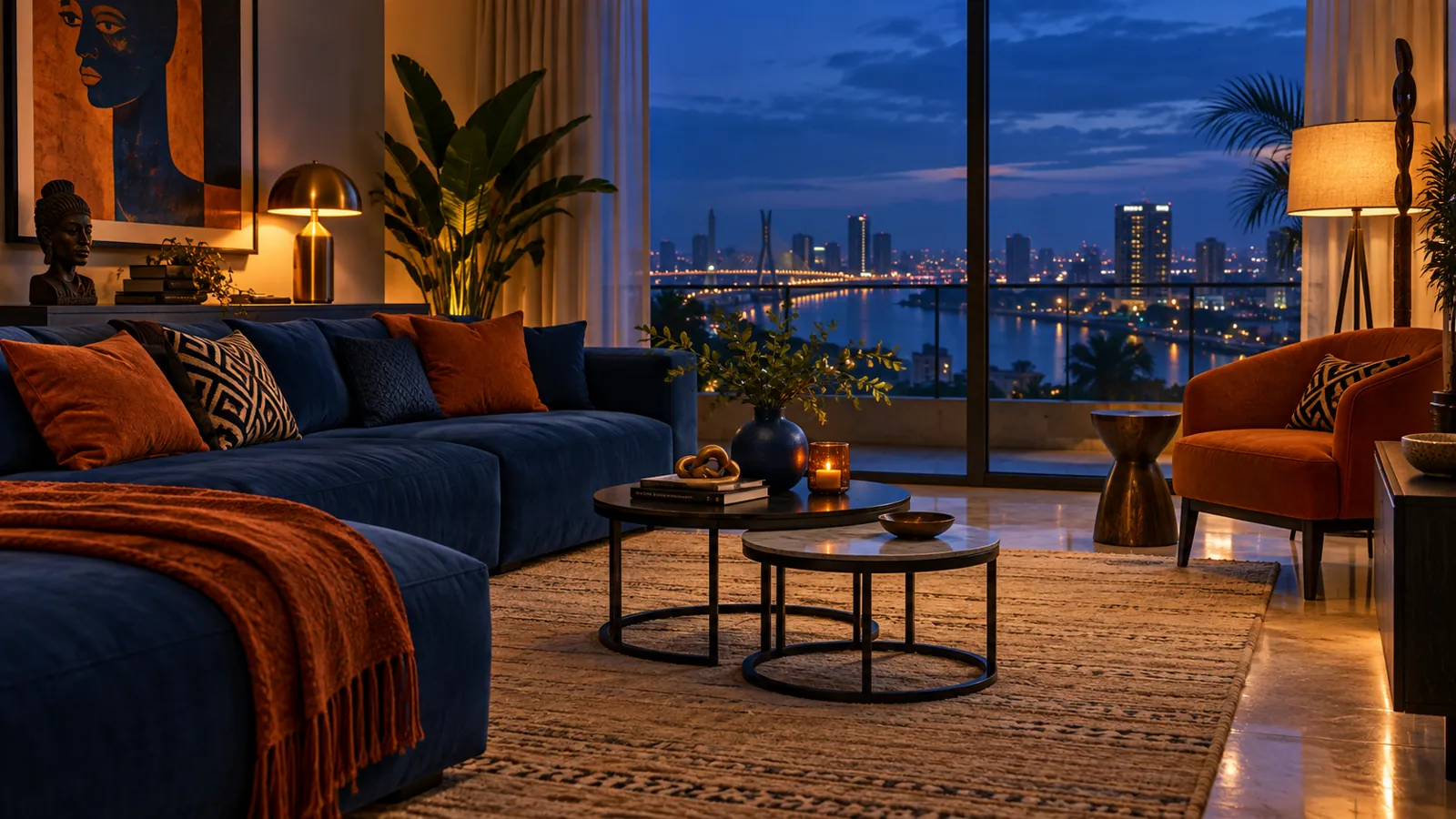 Blue-hour Lagos room with two nesting coffee tables