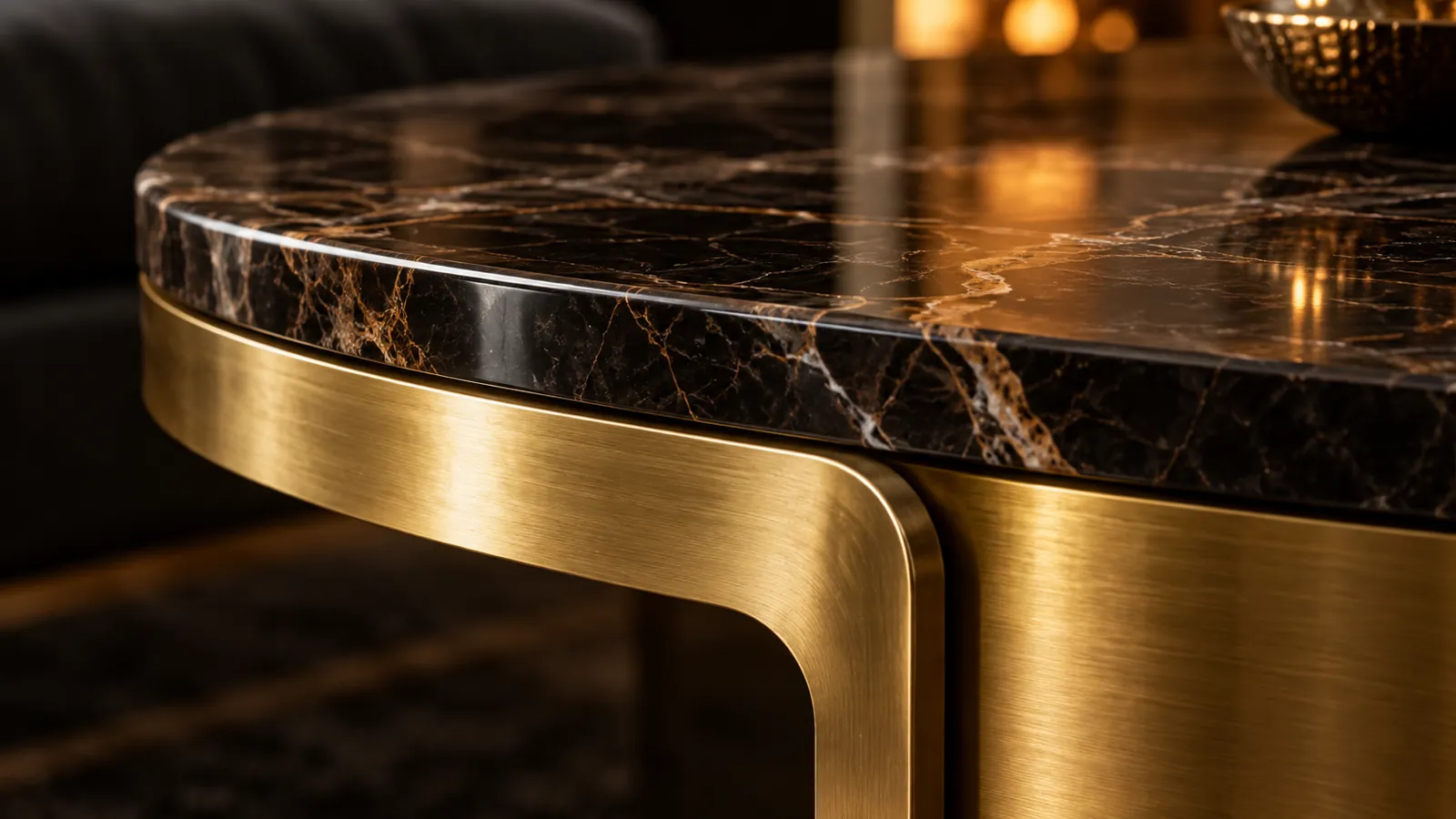 Close view of a stone coffee table edge and brass base