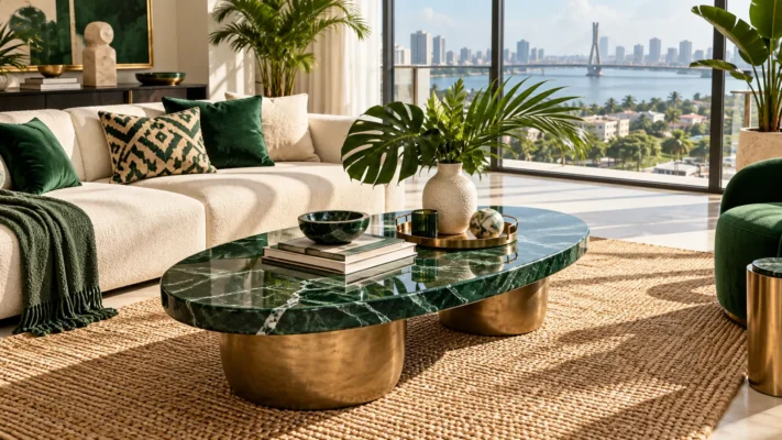Emerald and cream Lagos living room with an oval coffee table