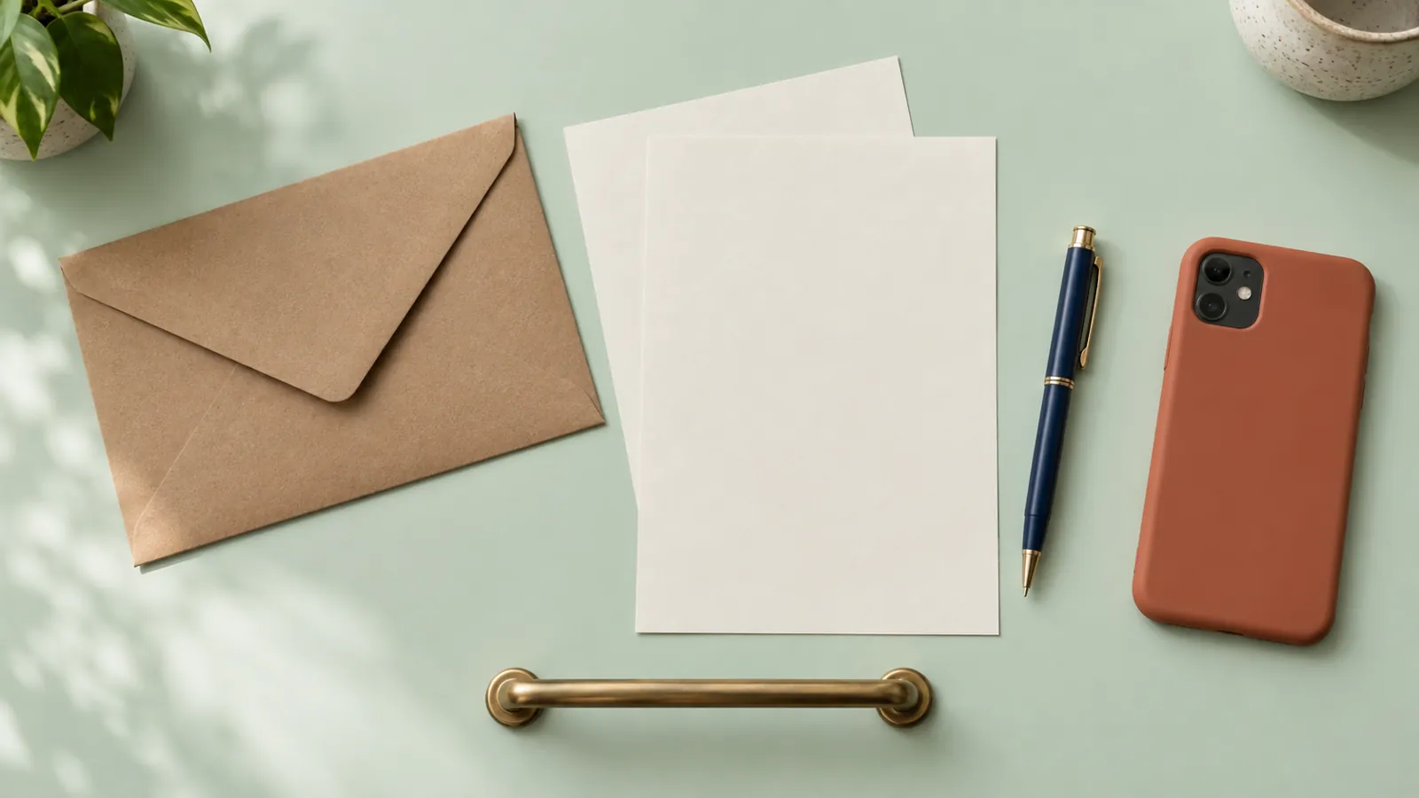 Illustrative warranty paperwork arrangement with blank sheets, an envelope, phone and cabinet handle