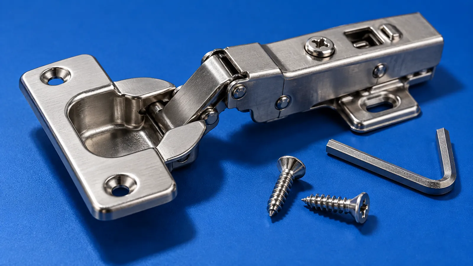 Illustrative cabinet hinge, hex key and screws on a cobalt-blue repair bench