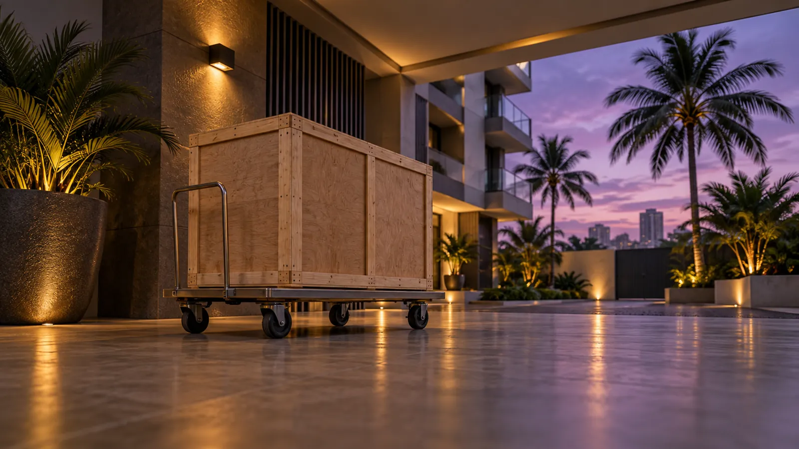 Illustrative shipping crate on a trolley in a tropical apartment loading area at dusk