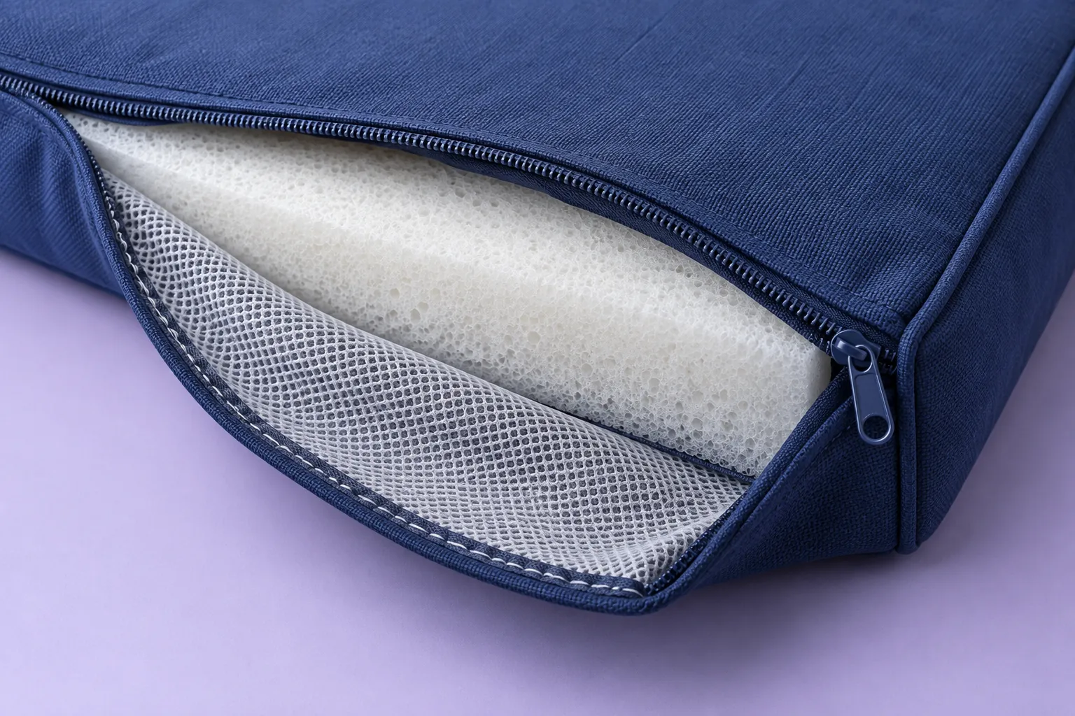 Conceptual opened outdoor cushion showing a foam insert, zip and mesh underside, not a branded construction