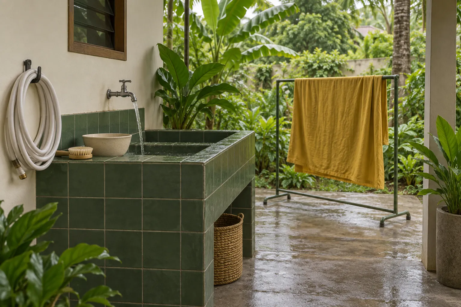 Illustrative outdoor utility sink and drying rail with a removable yellow textile cover