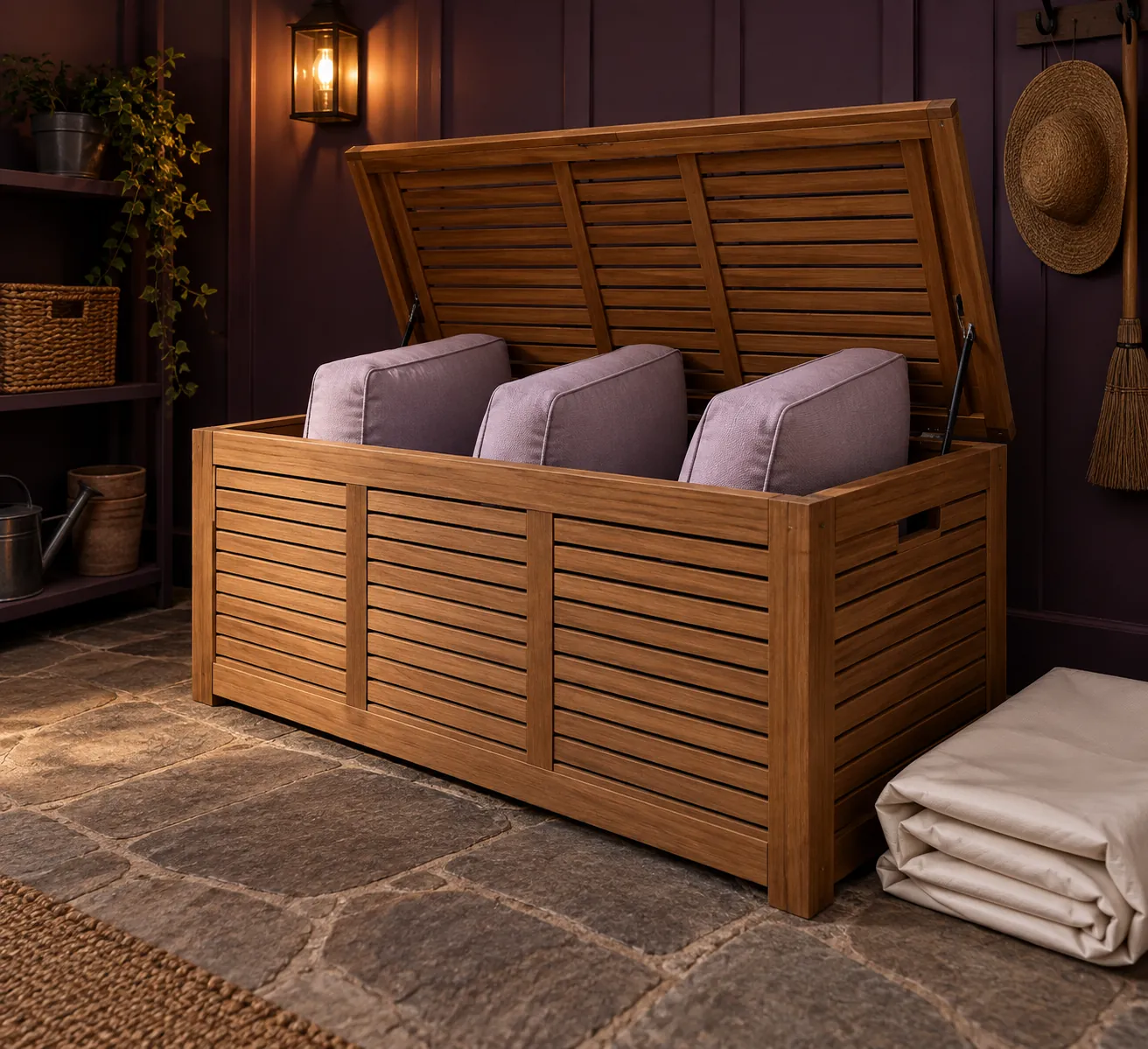 Illustrative slatted storage chest holding upright lilac cushions in a sheltered garden room