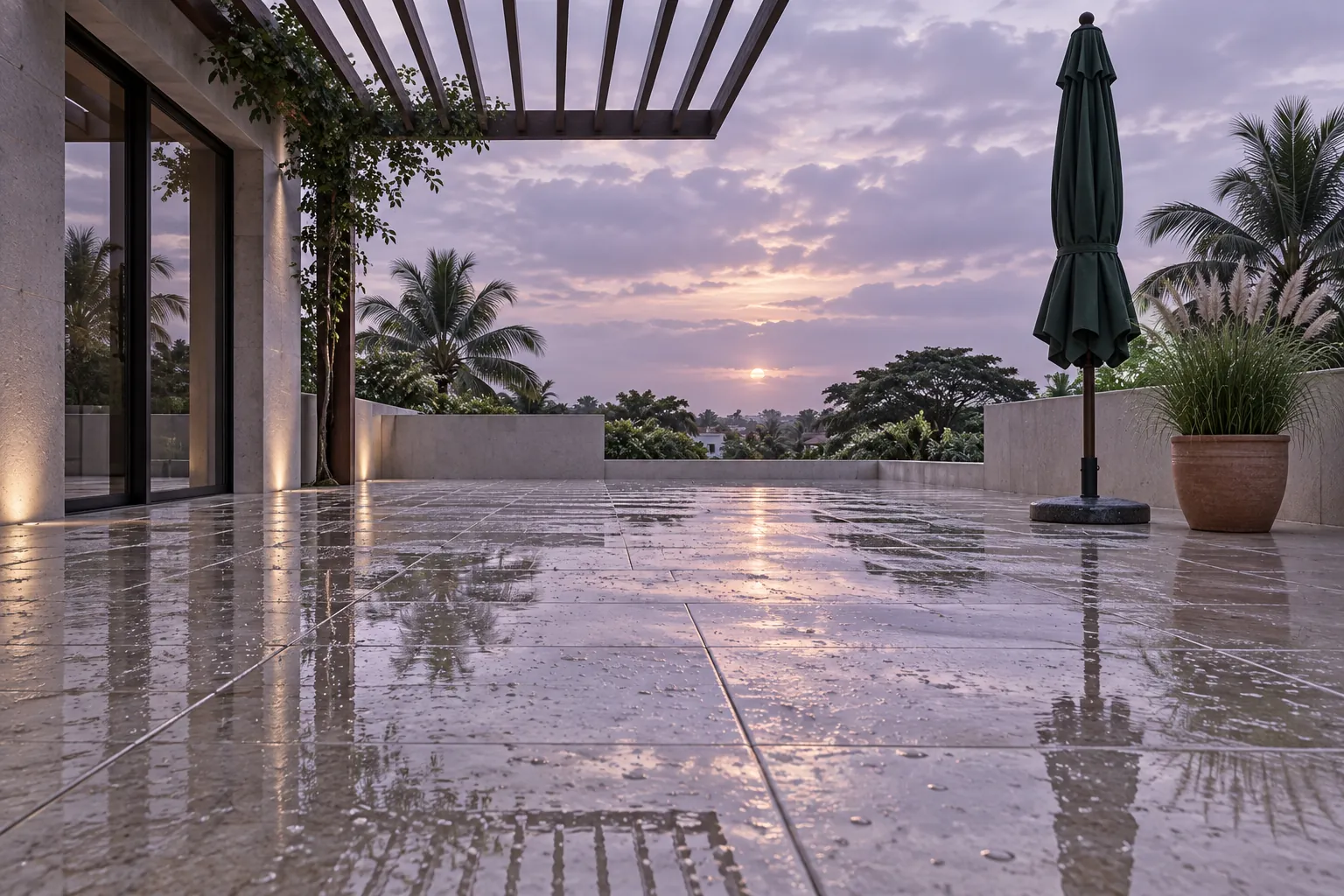 Illustrative empty terrace after rain with a closed parasol and damp stone paving