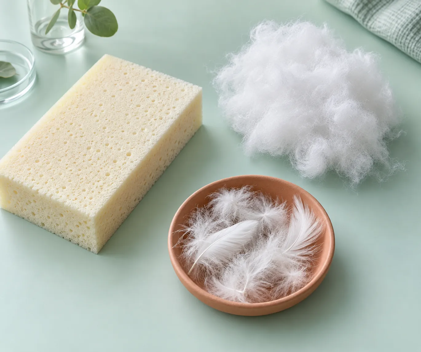 Illustrative upholstery foam, fibre batting and feathers shown as separate material samples
