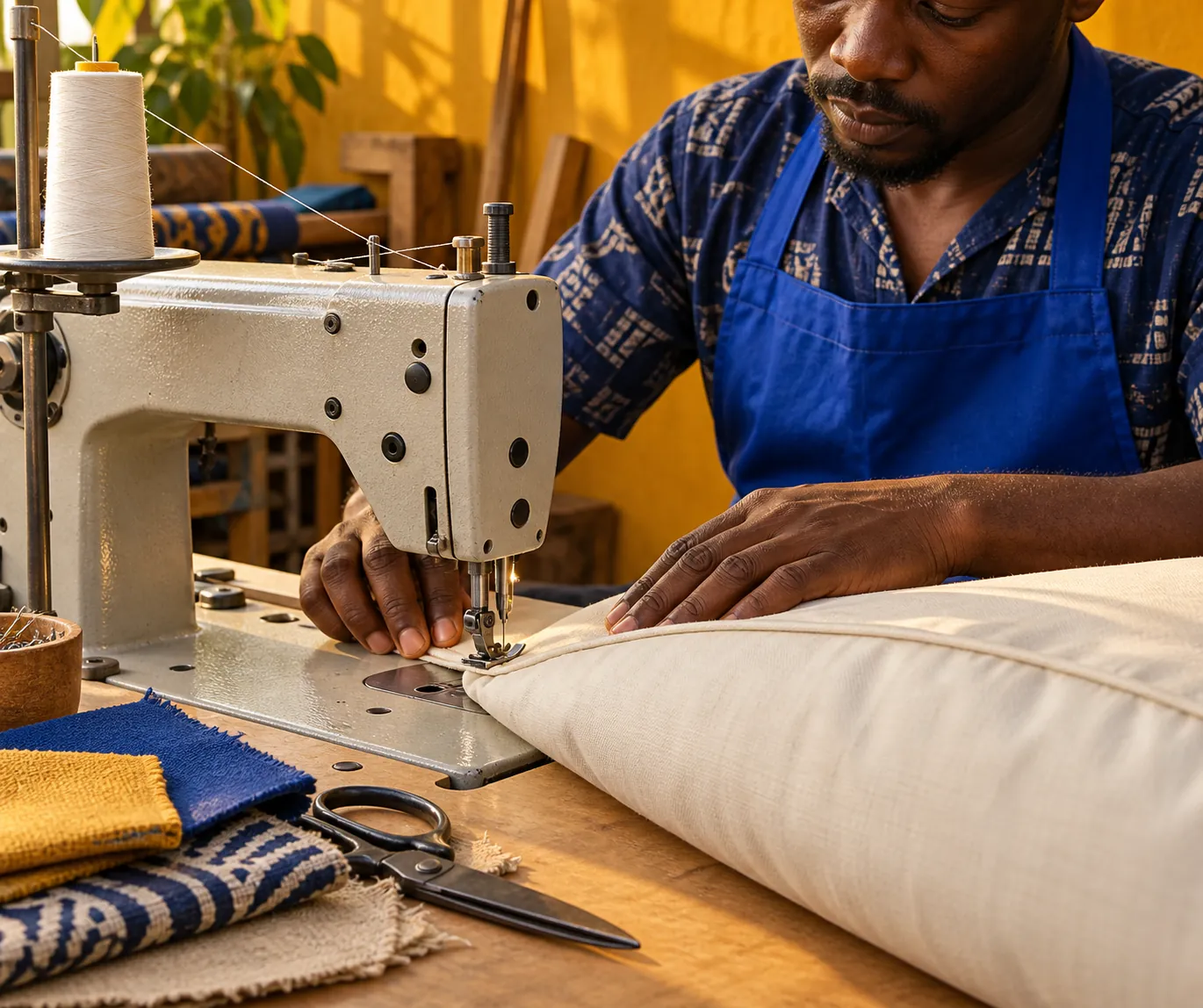 Illustrative upholsterer sewing a cushion liner, not an actual FCI employee or workshop
