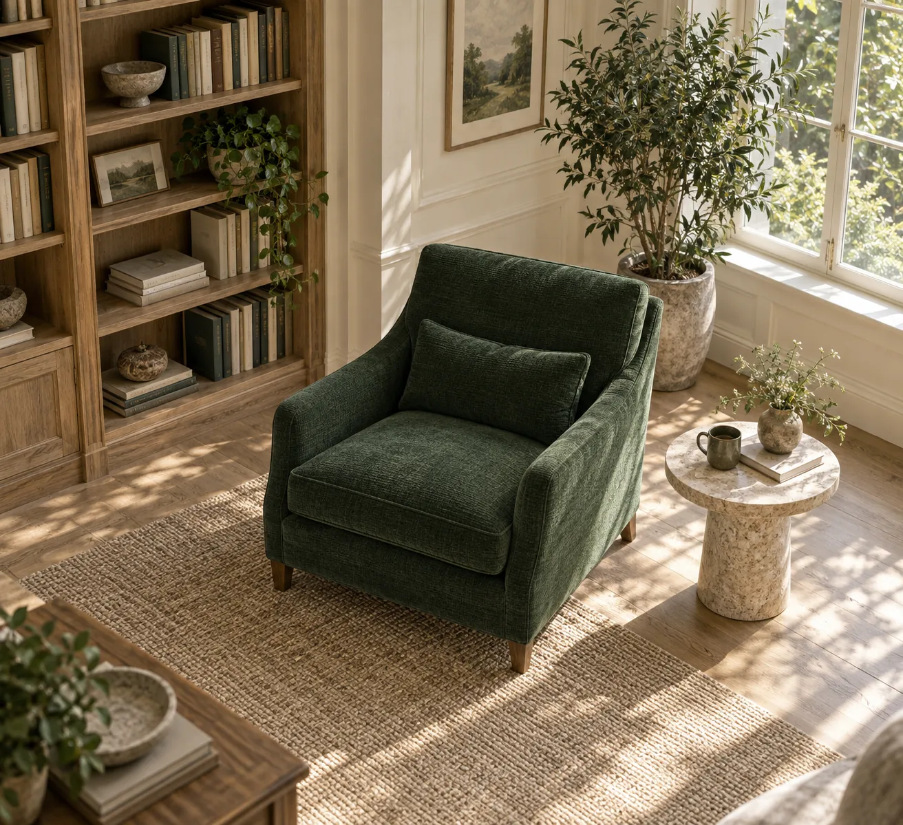 Illustrative green reading armchair with a fitted seat cushion in a bright library