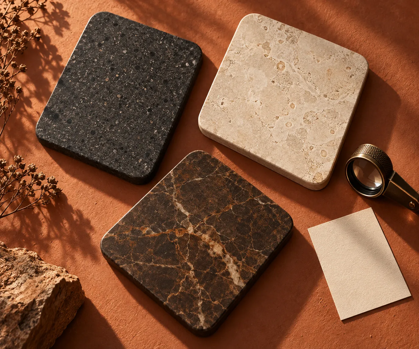 Conceptual ceramic finish samples on a terracotta surface, not verified product specifications