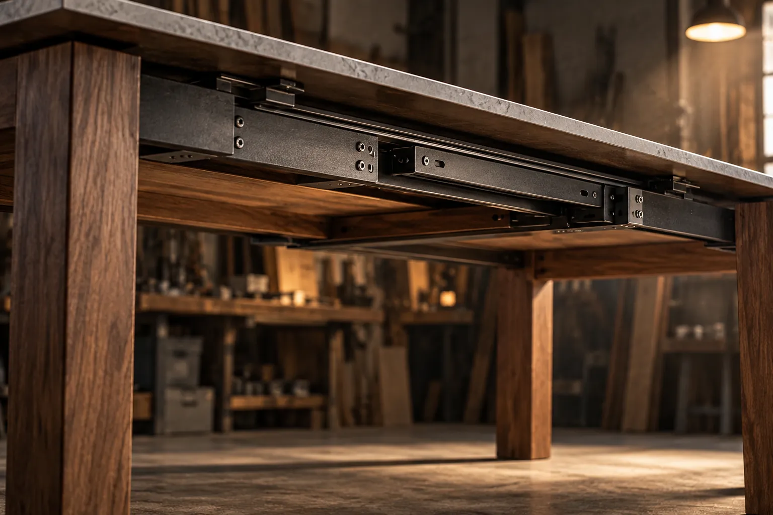 Illustrative extension runner beneath a table in a workshop, not a specific manufacturer's mechanism
