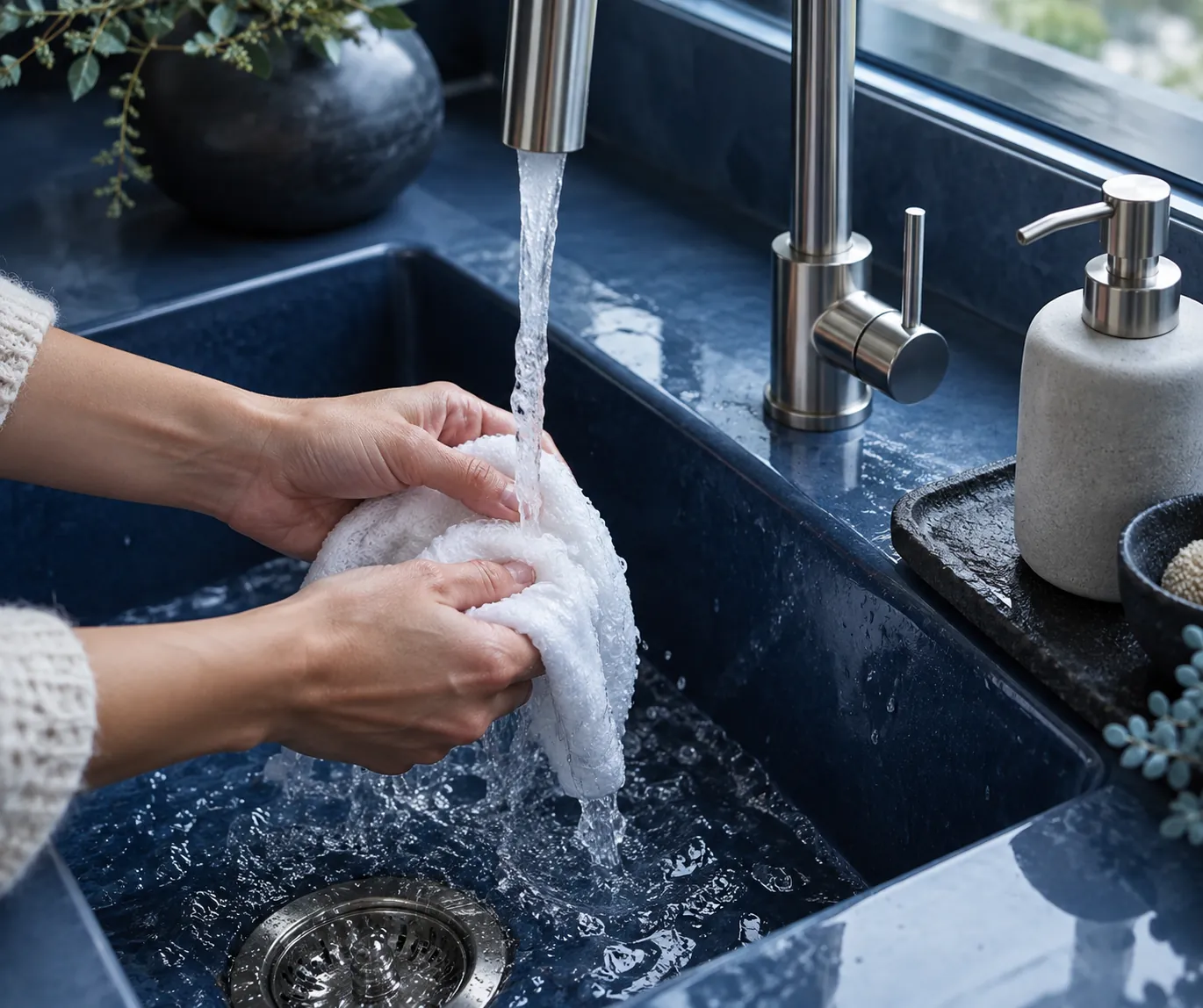Illustrative hands rinsing a soft cloth at a blue kitchen sink, not a product-specific cleaning instruction