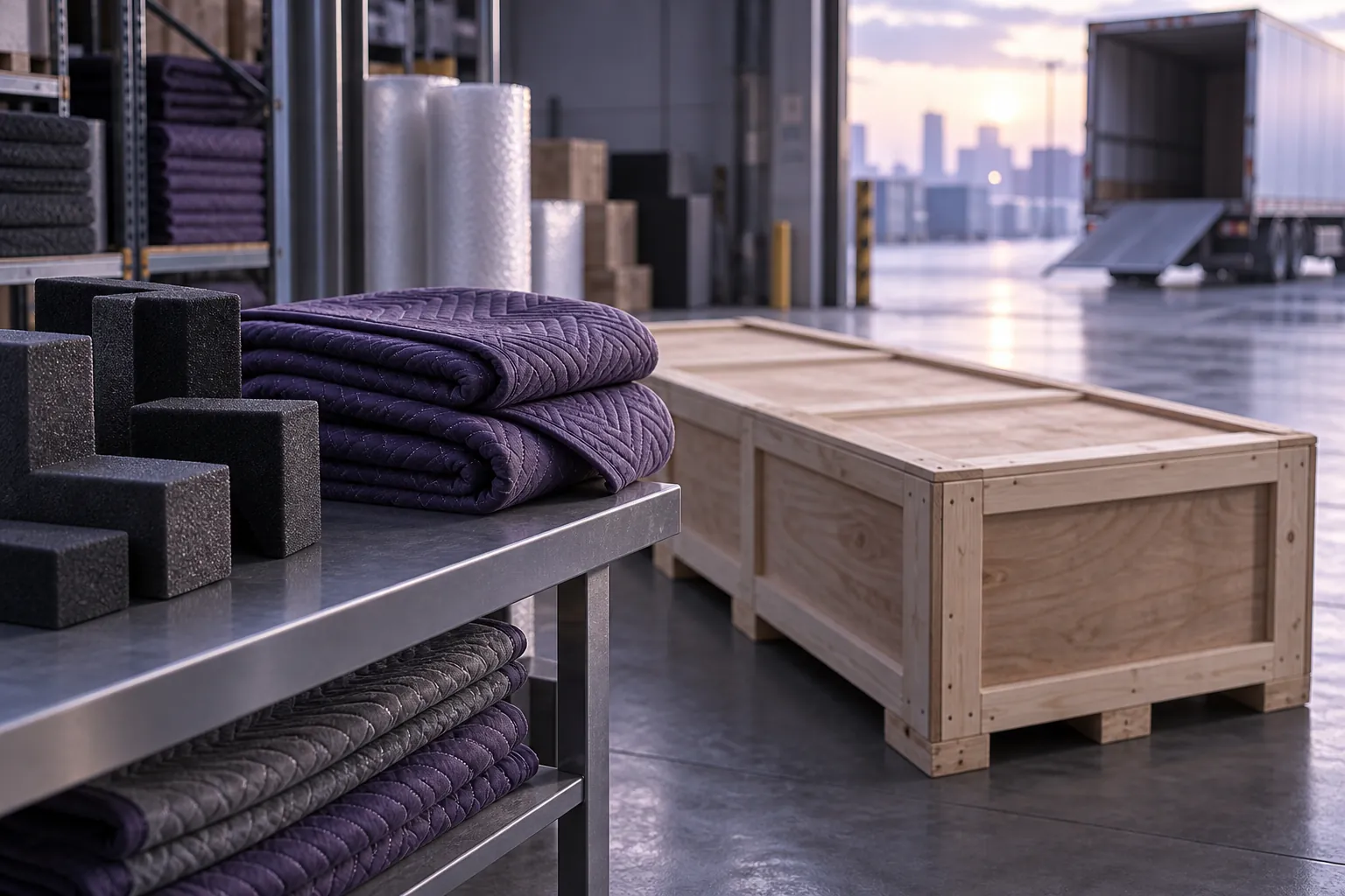 Illustrative foam corner protection, moving blankets and a sealed crate at a warehouse packing station