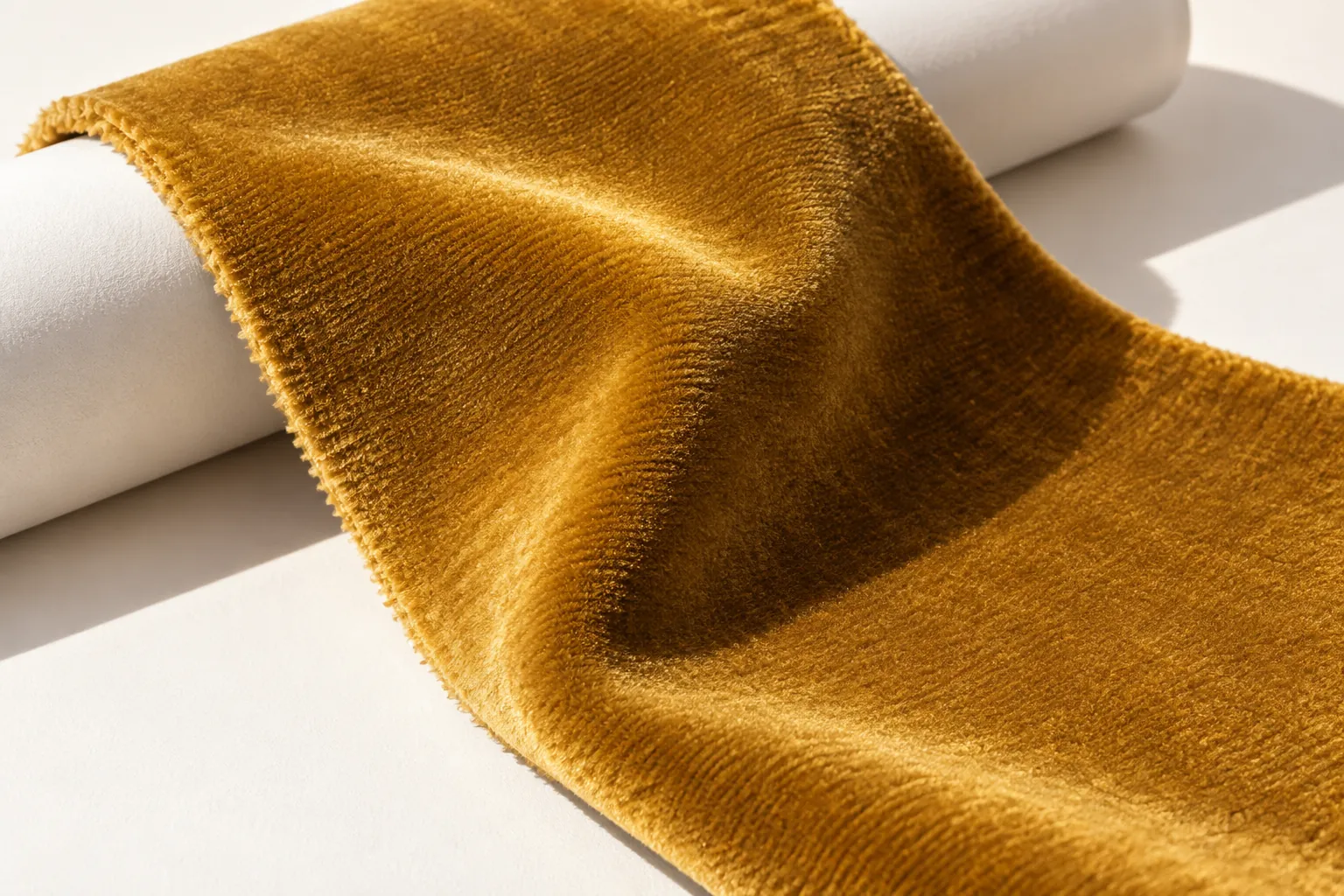 Illustrative golden velvet folds showing changes in shade as the pile catches light
