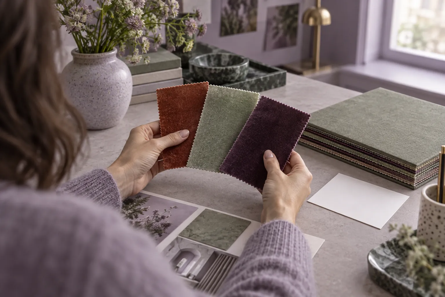 Illustrative designer comparing small velvet swatches in a softly lit materials studio