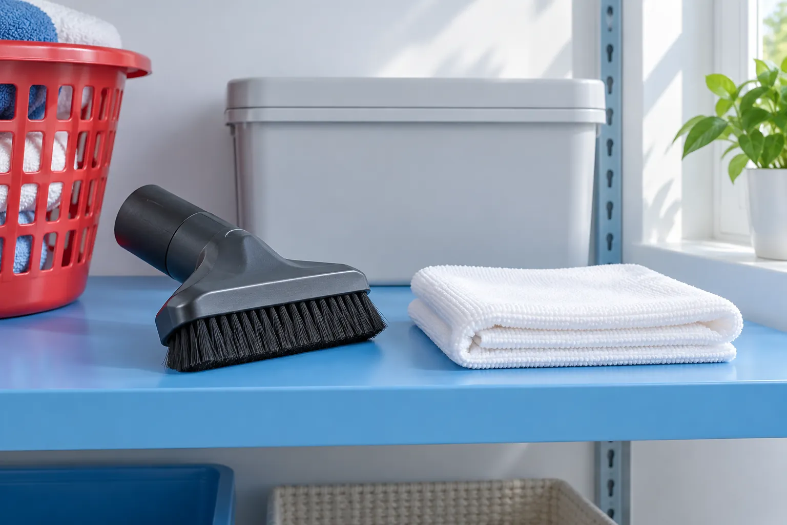 Illustrative soft upholstery attachment and lint-free cloth in a utility room