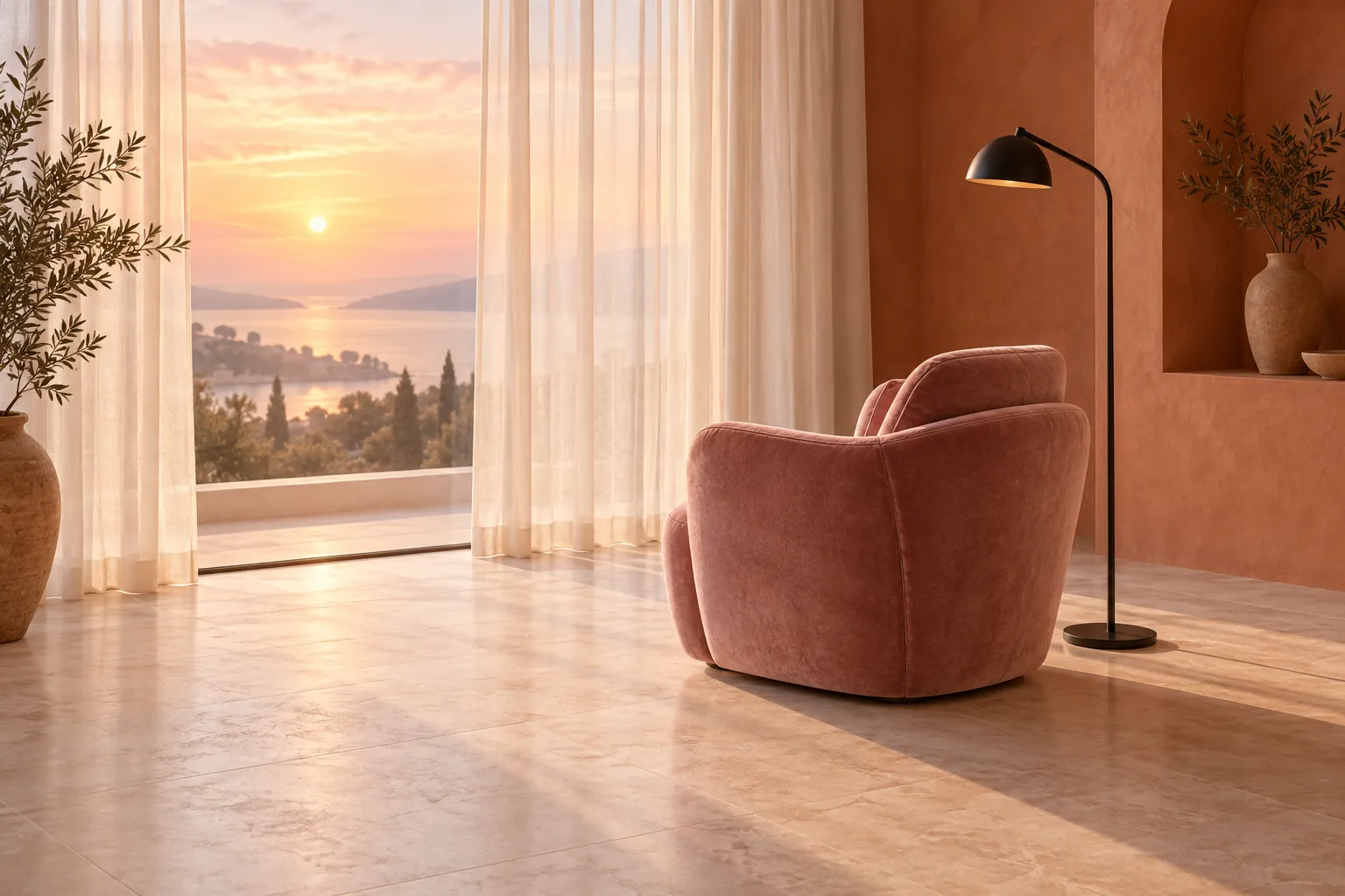 Illustrative dusty-rose velvet chair beside a sheer-curtained window in a terracotta alcove