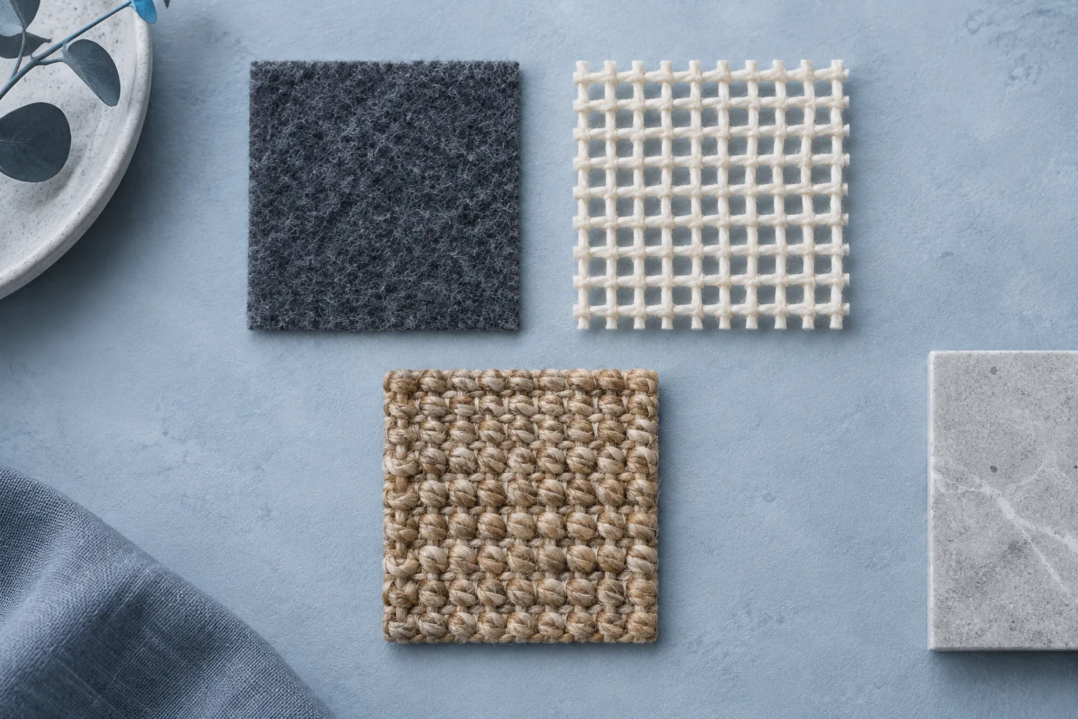 Illustrative felt, mesh and woven samples; appearance alone does not identify backing composition