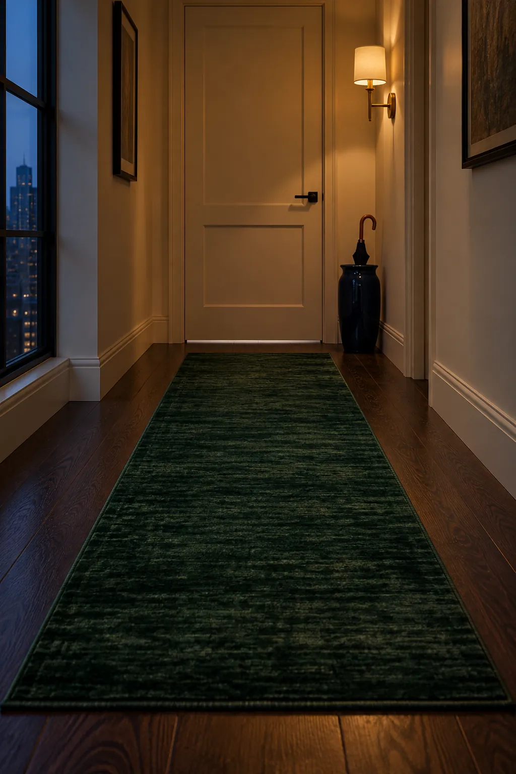 Conceptual hallway runner near a doorway, illustrating the need to check combined rug and underlay height