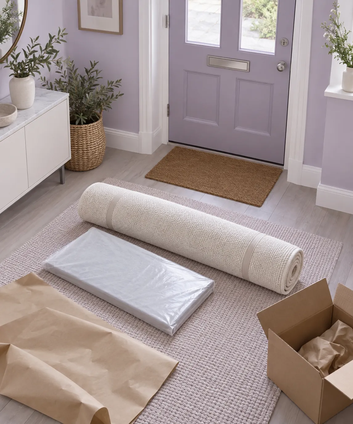Illustrative rolled rug and separate underlay package ready for a delivery handover